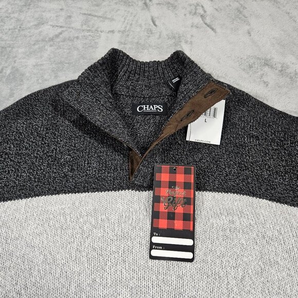 Chaps Sweater Mens Large Gray Stripe 1/4 Button Preppy Cotton Pullover NEW - Picture 5 of 9